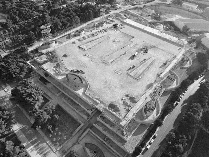 Aerial view of the concert area under construction